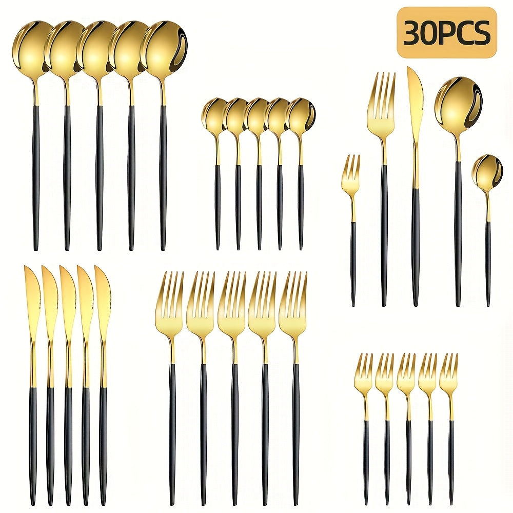 Elegant 30-piece stainless steel cutlery set with mirror finish, dishwasher safe, including forks, knives, and spoons. Durable tableware collection.