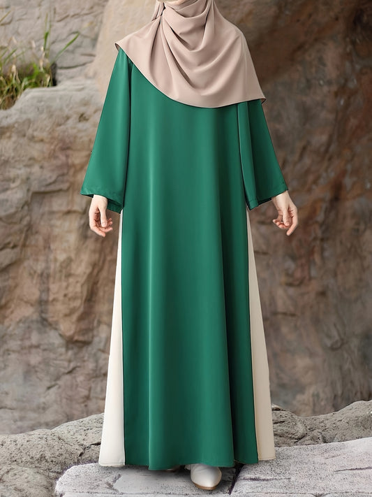 Kaftan dress with color block lace-up sides, loose fit, and long sleeves, without headscarf.