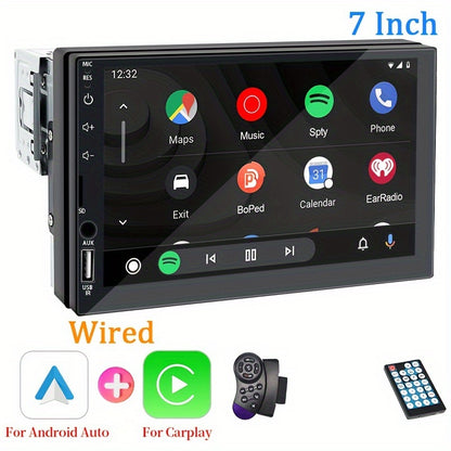 Universal car audio receiver with 7-inch touch screen, GPS navigation, wireless connectivity, and stereo output. Compatible with Android Auto and CarPlay, suitable for all vehicle models.