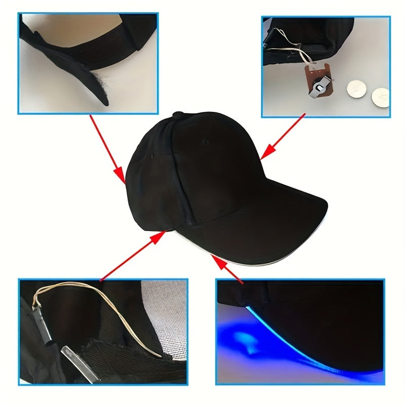 LED light-up baseball cap for parties, carnivals, and hip hop performances. Batteries included.