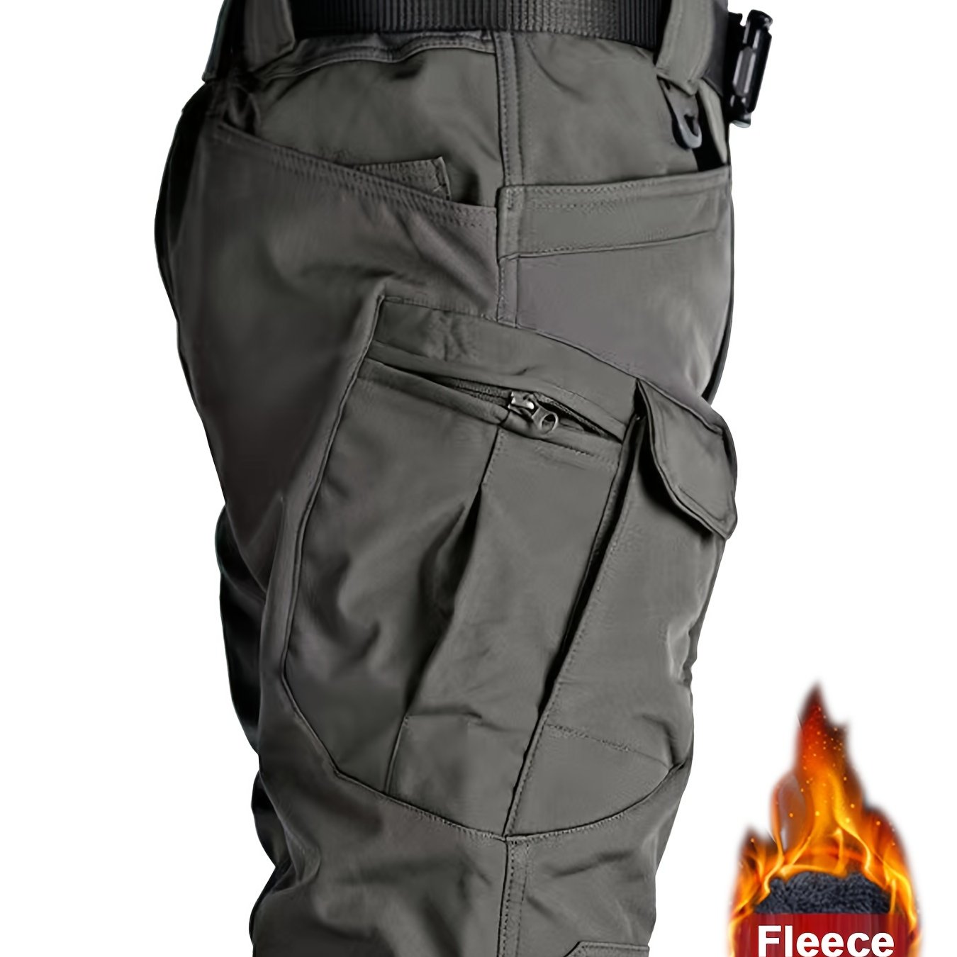 Fleece-lined tactical pants for men, made with warm, durable polyester-spandex blend. Features multiple pockets, adjustable waistband, and casual style for winter outdoor activities.