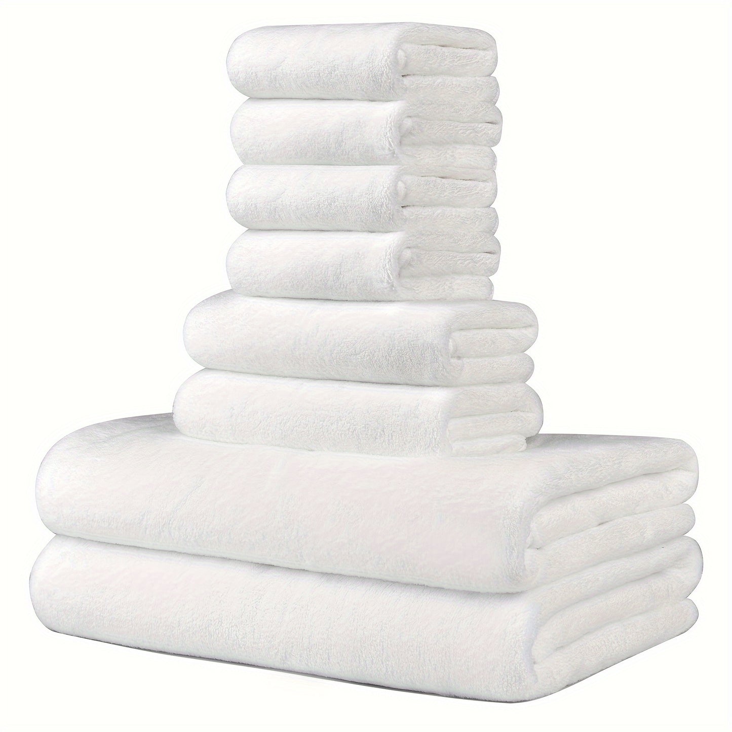 Super soft microfiber bath towel set includes 8 pieces: 2 bath towels (68.58 x 139.7 cm), 2 hand towels (34.8 x 76.2 cm), and 4 square towels (34.8 x 34.8 cm). Quick drying, highly absorbent, and lightweight.