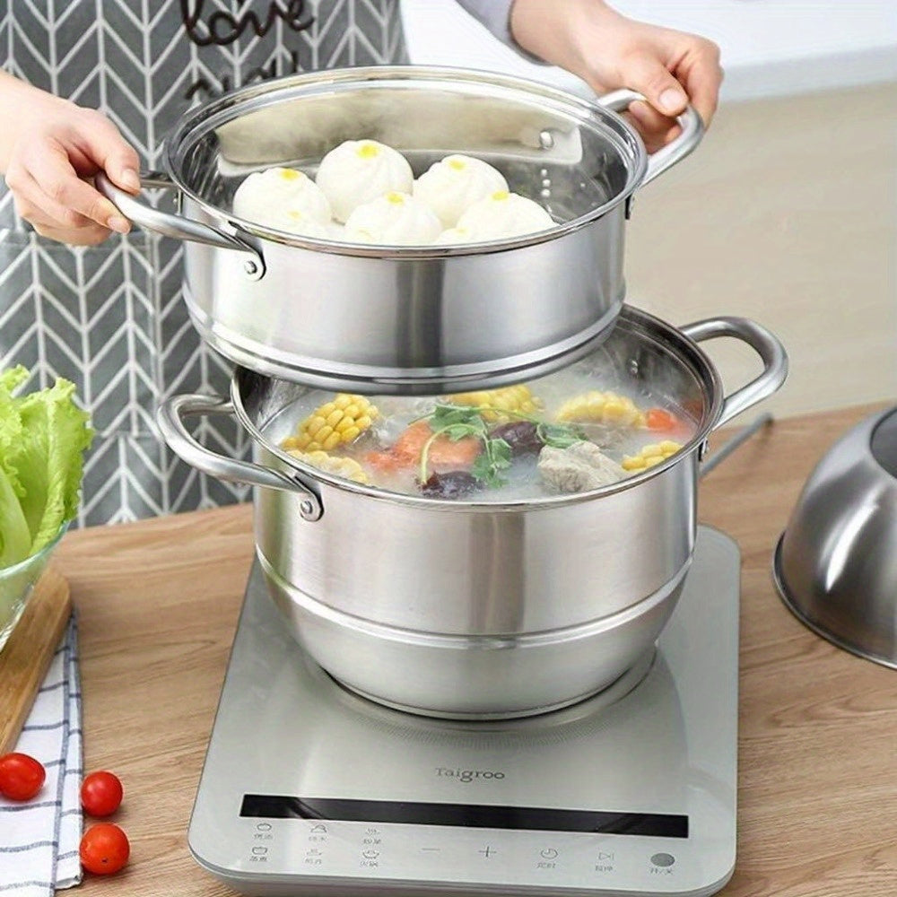 Multi-functional Steamer Set made of Stainless Steel, Non-Stick Cooker, Tempered Glass Lid, and Ventilation - Ideal for Household Use, Featuring Multi-Layer Composite Bottom