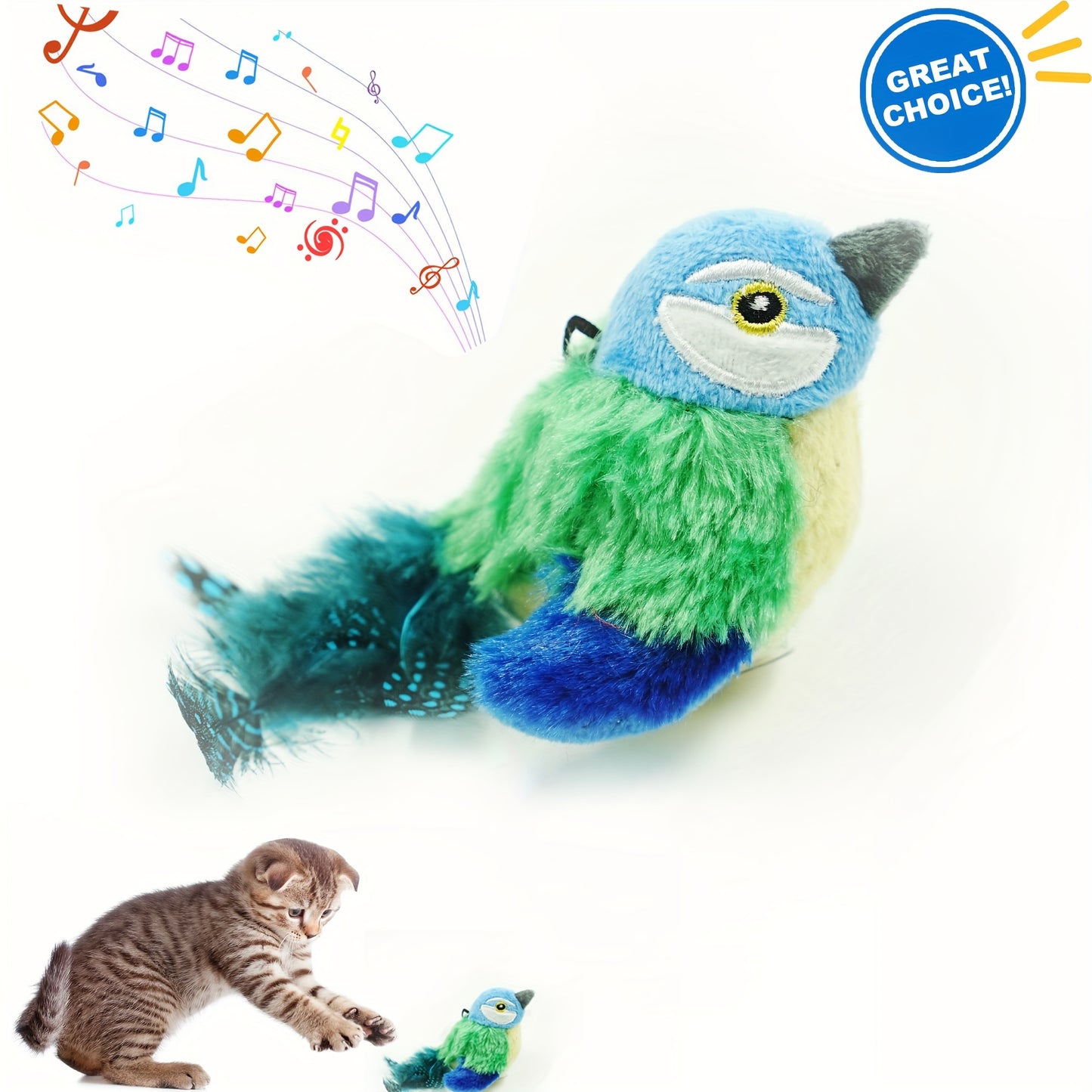 Sparrow-shaped fabric pet toy with animal print, battery-operated. Safe button battery for interactive play with cats of all sizes.