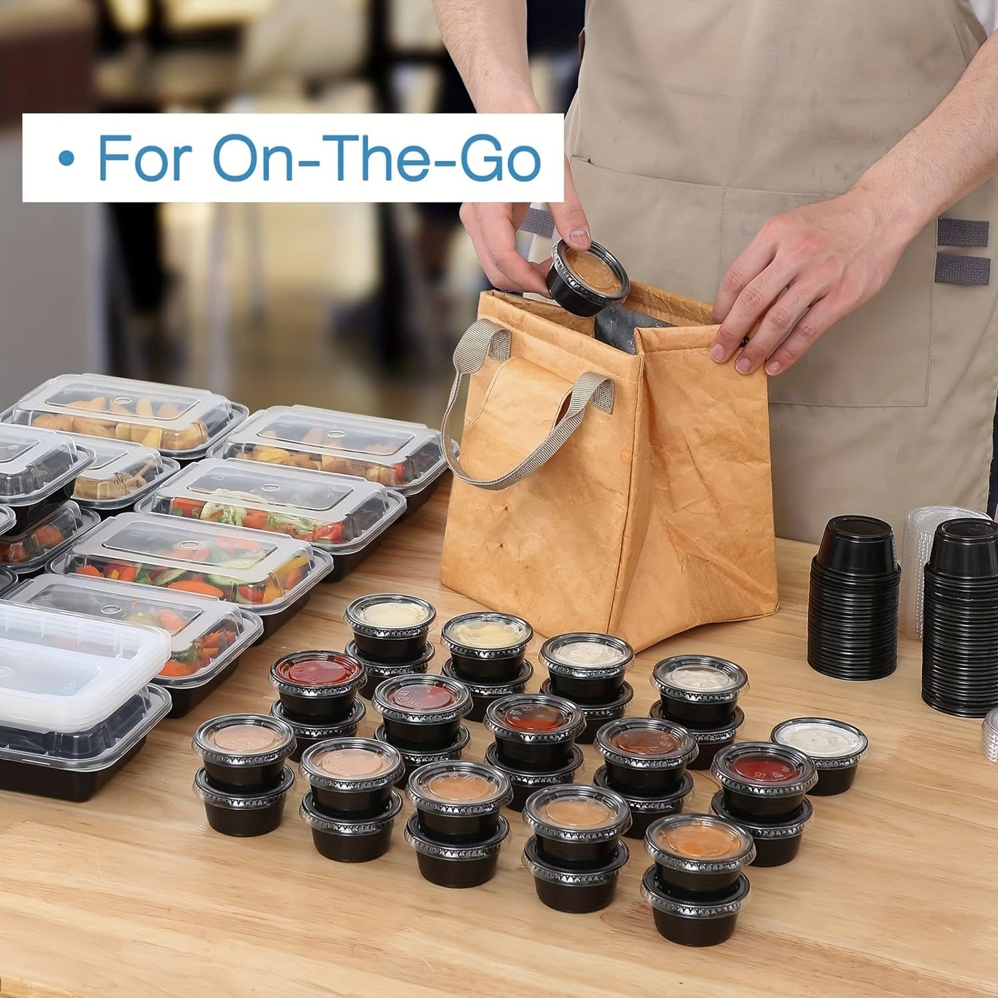 100 pieces of black plastic portion cups, available in 1/2, 3.25, 4, and 5.5-ounce sizes. Perfect for jello shots, small plastic containers with lids are airtight and can also be used for salad dressing, dipping sauces, and condiments. Ideal for lunches