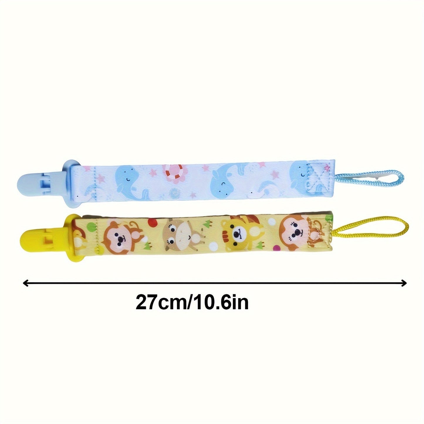 Two adorable patterned pacifier chains in yellow and blue, complete with pacifier clips and holders.