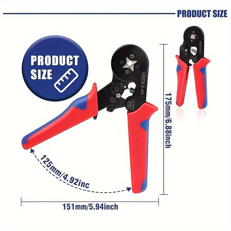 Electrician's Crimping Tool Set for Tubular Terminals, 0.25-10mm Range, Ideal for 23-7AWG Wires.