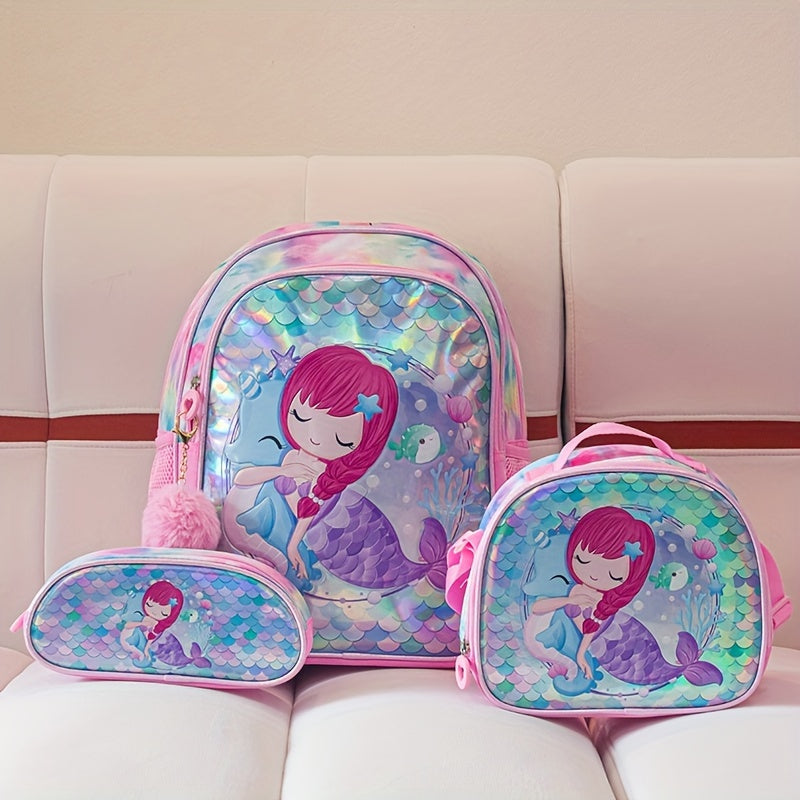 16-inch three-piece set of girls' student bags including a double-shoulder student bag, lunch bag, and pen bag. Fashionable and versatile for travel, school, or camping. One-size-fits-all in pink.