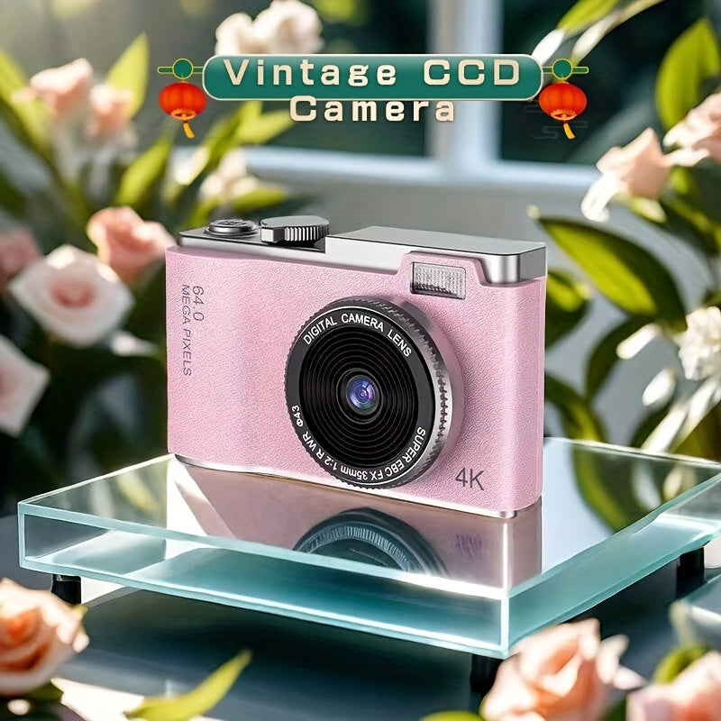 Retro-style 4K HD CCD digital camera with dual lens, USB-C charging and image transfer, perfect for students and photography enthusiasts.