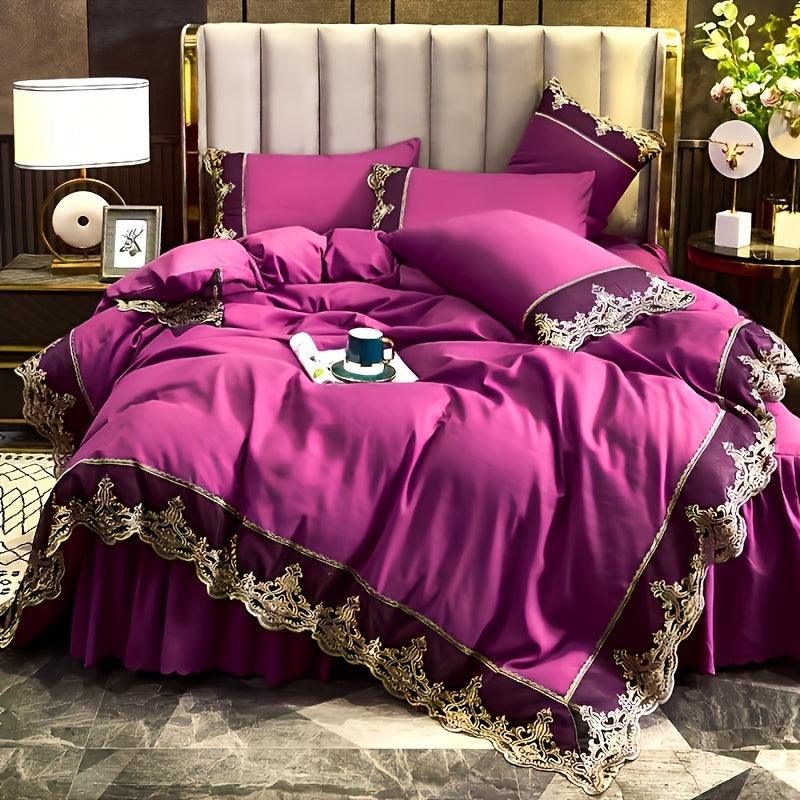 Lace bedding set in various colors with quilt cover and matching pillowcase. Available in two or three piece set.