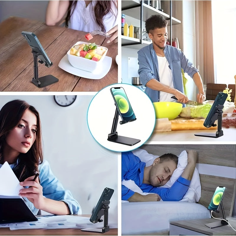 Foldable phone stand adjusts height and angle for 10.16-20.32cm devices. Ideal for office and bedroom, compatible with various devices.