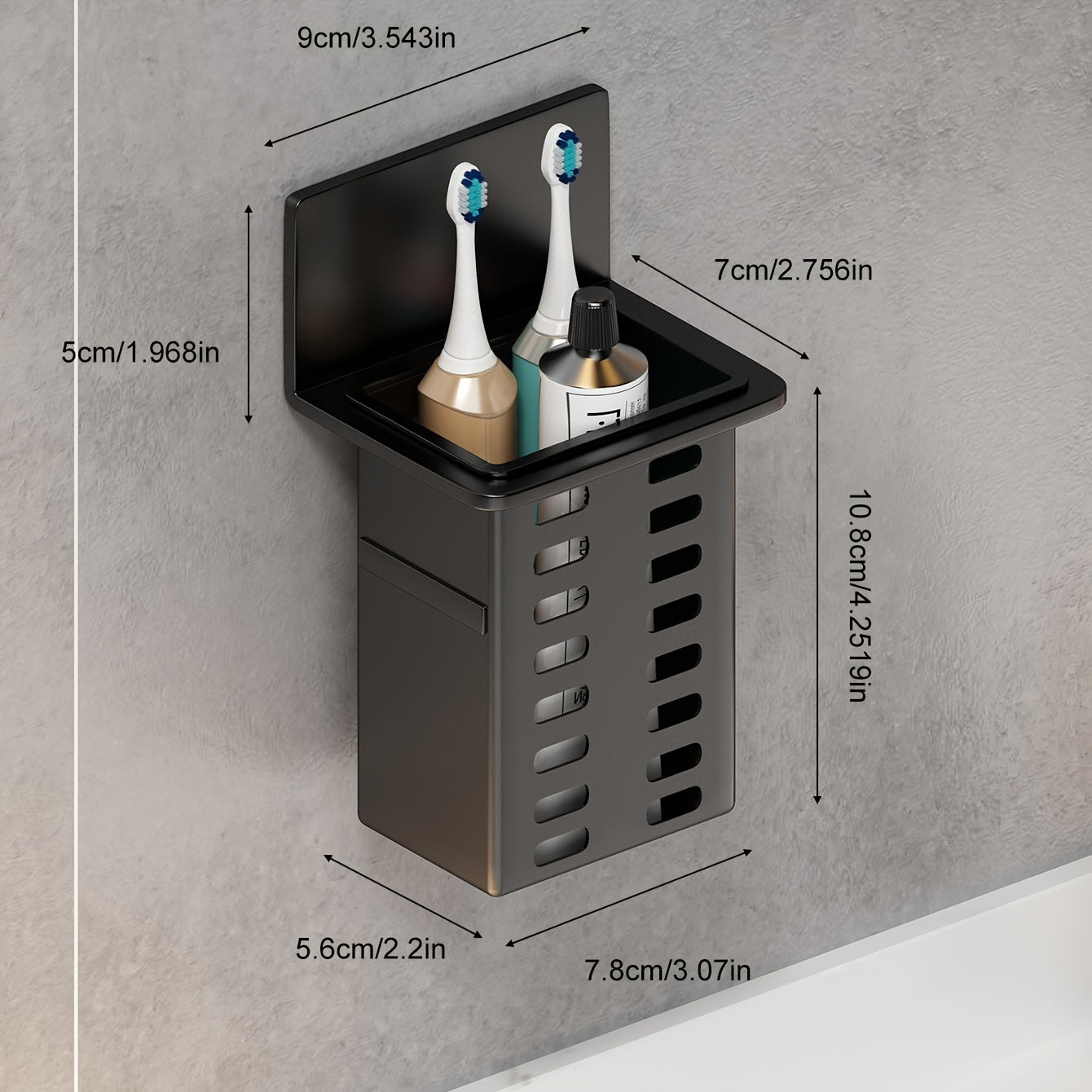 Wall-mounted bathroom organizer made of black, mold-resistant plastic for cosmetics and shower essentials with no-drill installation.