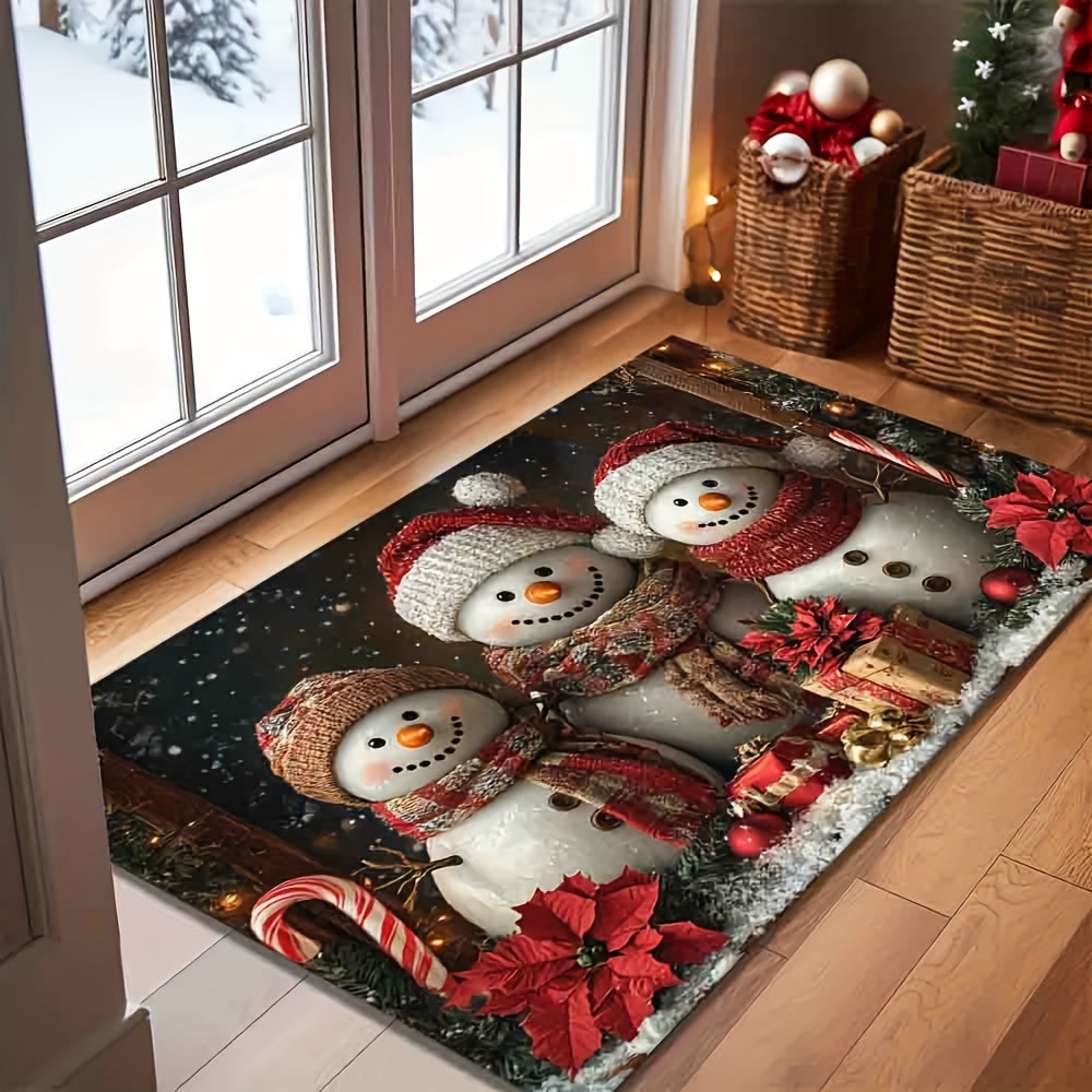 Get into the holiday spirit with our Festive Snowman Welcome Doormat! Made with non-slip, washable polyester, this Christmas floor mat features a vibrant snowmen and poinsettia design that is ideal for doorways, living rooms, bathrooms, and balconies.