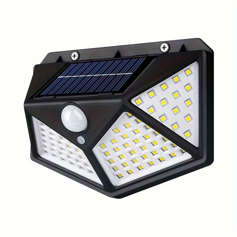 Solar-powered wall light with motion sensor, touch control, rechargeable, energy-efficient outdoor lighting, easy installation, no wiring needed.