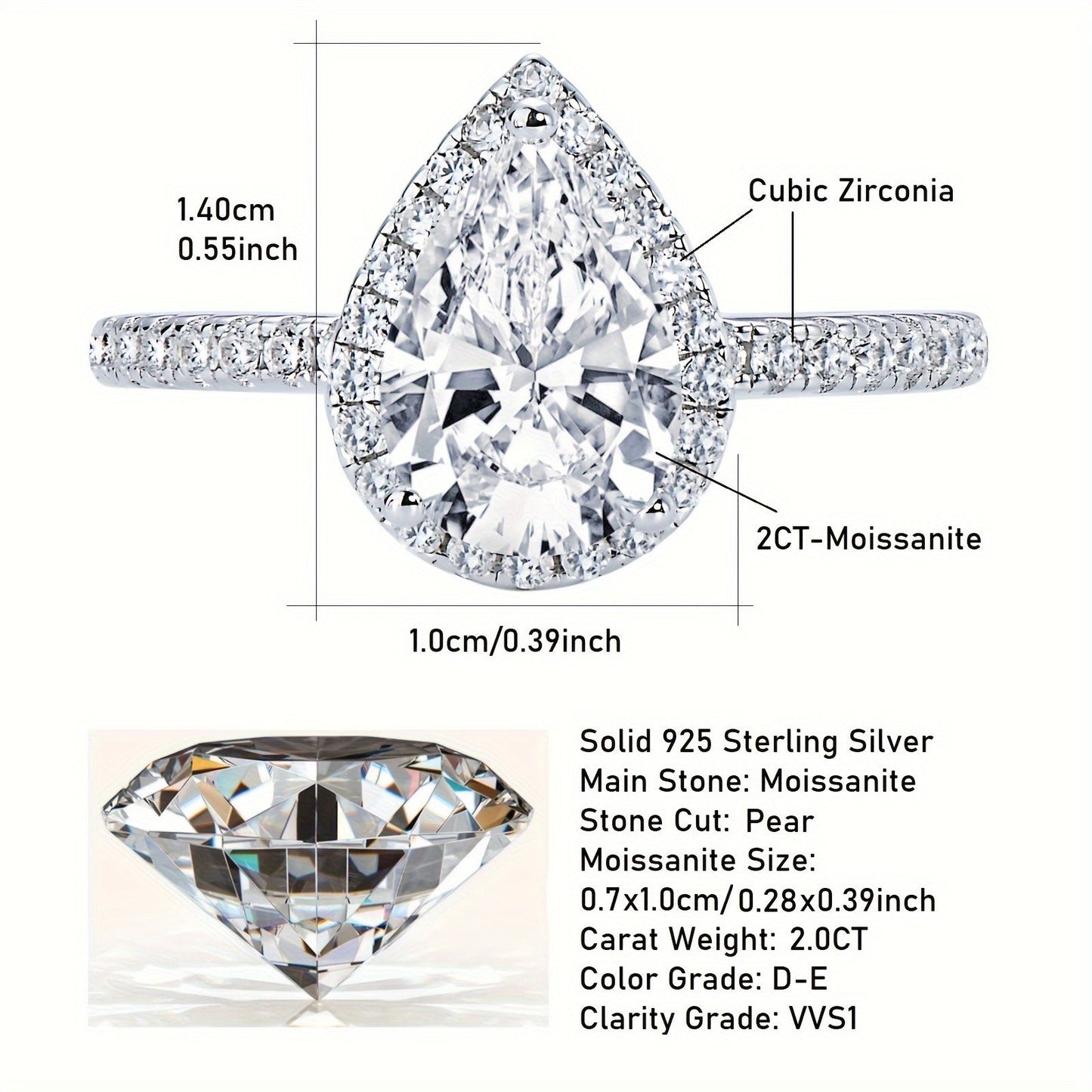 925 Sterling Silver Women's Engagement Ring featuring a center Moissanite pear-shaped stone measuring 7x10mm and weighing 2 carats. Surrounding the center stone are additional Moissanite stones, creating a stunning teardrop shape. This ring is perfect