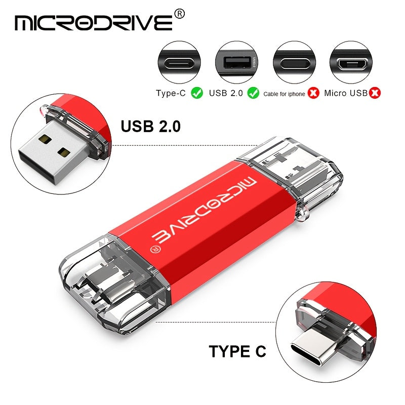 MICRODRIVE 2.0 USB-C Flash Drive - High-Speed OTG Memory Stick, Frosted Metal Texture, 128GB/64GB/32GB/16GB, Laptop & Smartphone Compatible, Red/Black, Cute Design