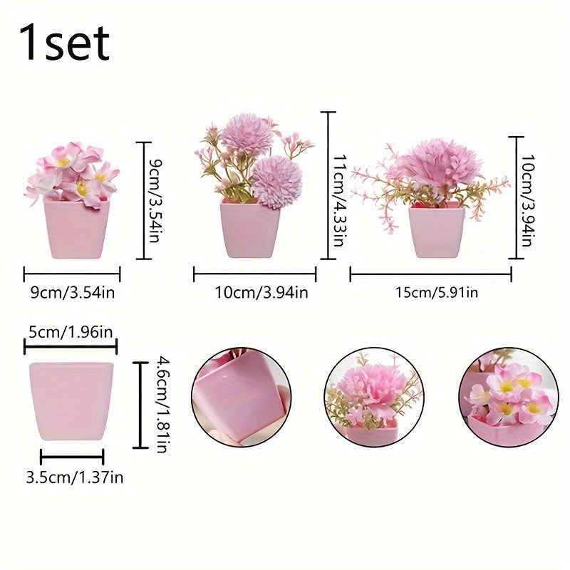 3 mini pink potted plants with faux rose and peach embroidered ball flowers for wedding, home, or office decoration.