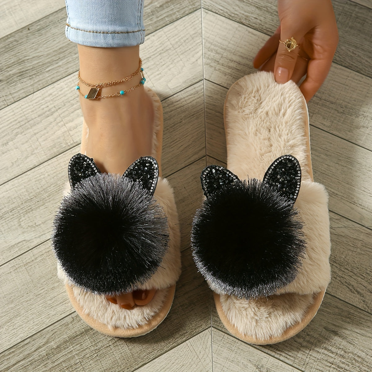 Adorable gray bow slippers with fluffy black accents, EVA sole, all-season comfort, and machine washable