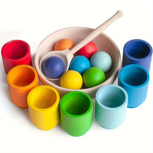 Wooden Rainbow Ball and Cup Sorting Game for Ages 3+, Educational Toy for Color Recognition, Counting, Fine Motor Skills.