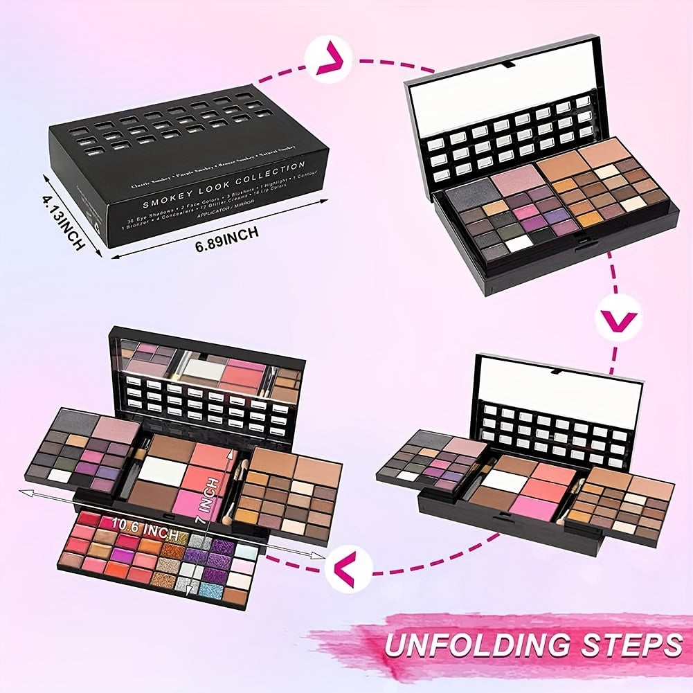 74-color makeup palette includes matte and pearl eye shadows, lip gloss, golden concealer, blush, bronze highlight.