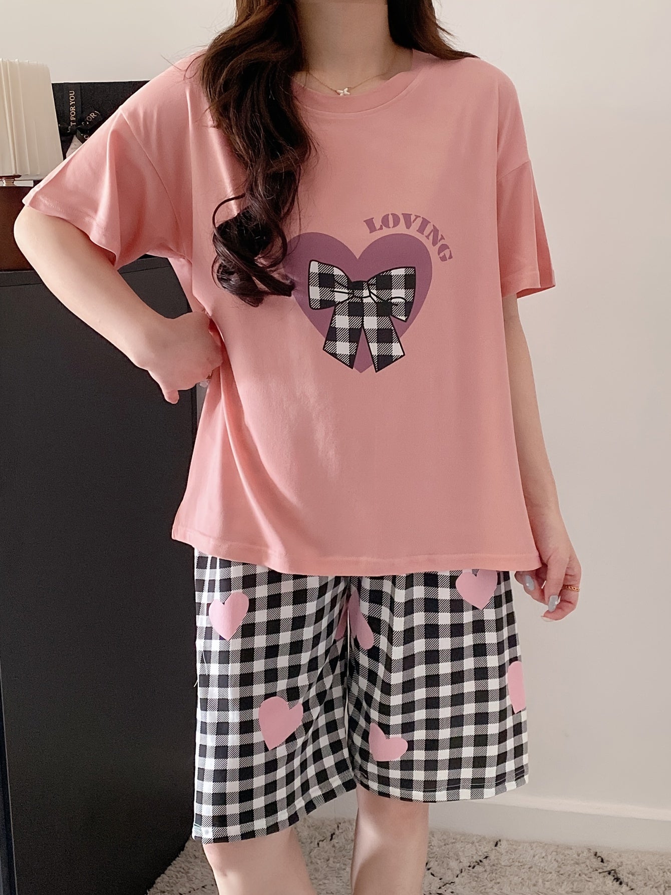 Women's Heart and Plaid Pajama Set with Top and Shorts, Loose Fit and Comfortable