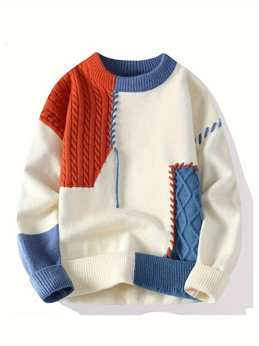 Men's Color-Block Cable Knit Sweater - Soft, Relaxed Fit for Autumn/Winter Comfort