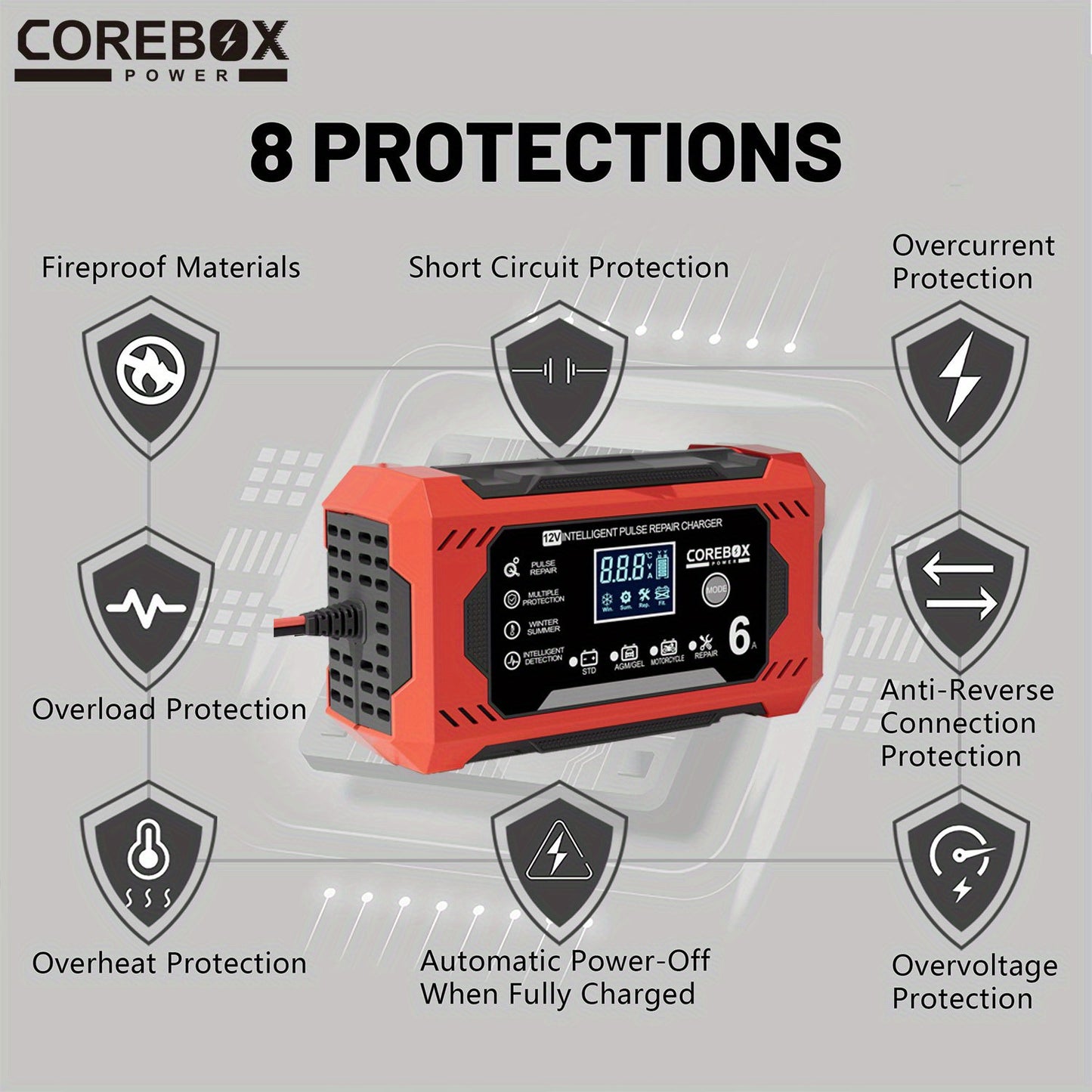 COREBOX EU Plug Battery Charger for vehicles and machinery with LCD Display, 12V 6A. Suitable for Lead Acid batteries.