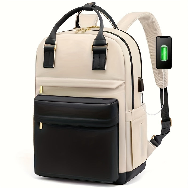 2024 Large Capacity Laptop Backpack in White Oxford Cloth with Zip Closure, Hand Wash Only. Ideal for Business Travel with Side Pockets and Pen Slot.