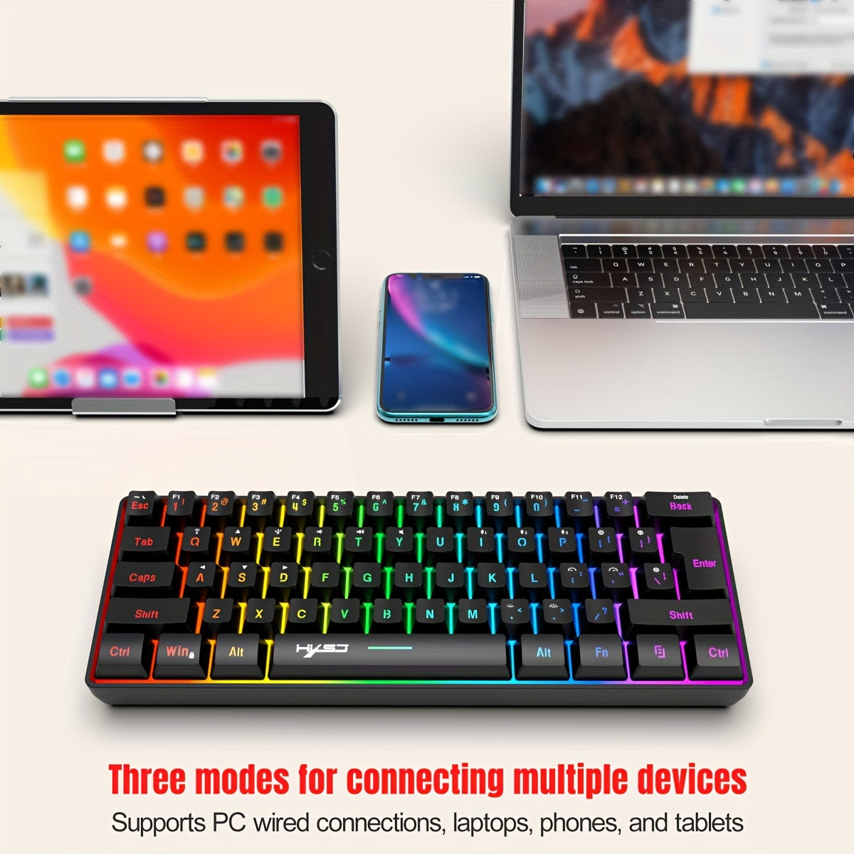 HXSJ Mini Wireless Gaming Keyboard with RGB Backlit and 61 keys for Office/Home Use.