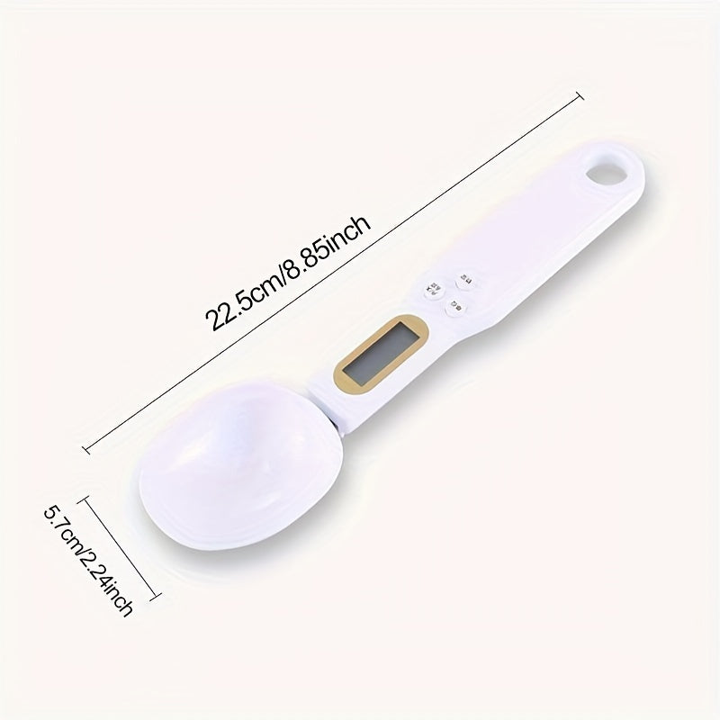 Digital kitchen scale with precision measuring spoon for home cooking and baking, battery powered.