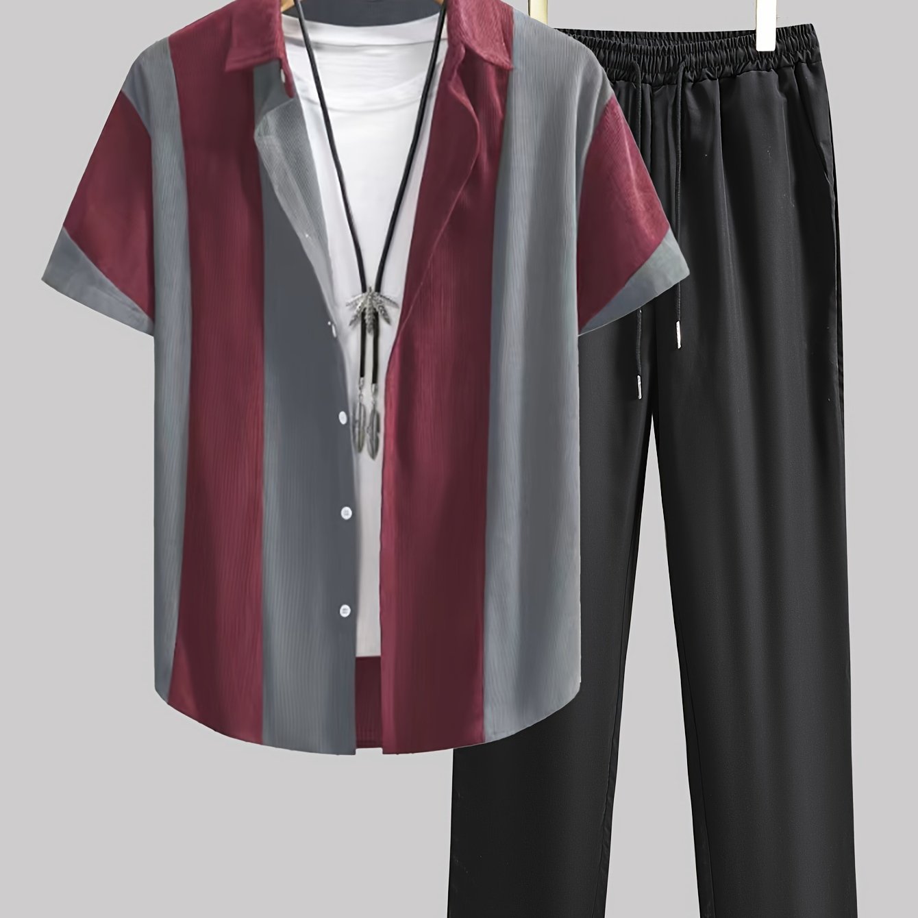 Men's Casual Color Block Striped Lapel Short Sleeve Button Up Shirt & Drawstring Pants Set for Outdoor Activities