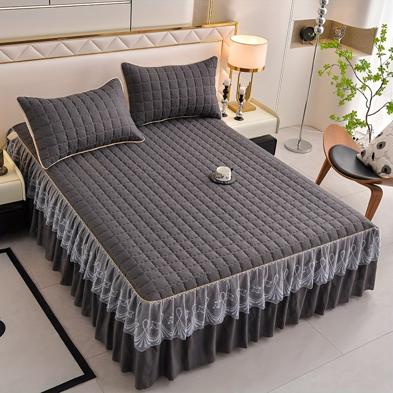 Luxury bedding set includes quilted edge bed skirt, 2 pillowcases, mattress protector, bed sheet, and duvet cover. Skin-friendly, breathable, and easy to maintain. Suitable for various