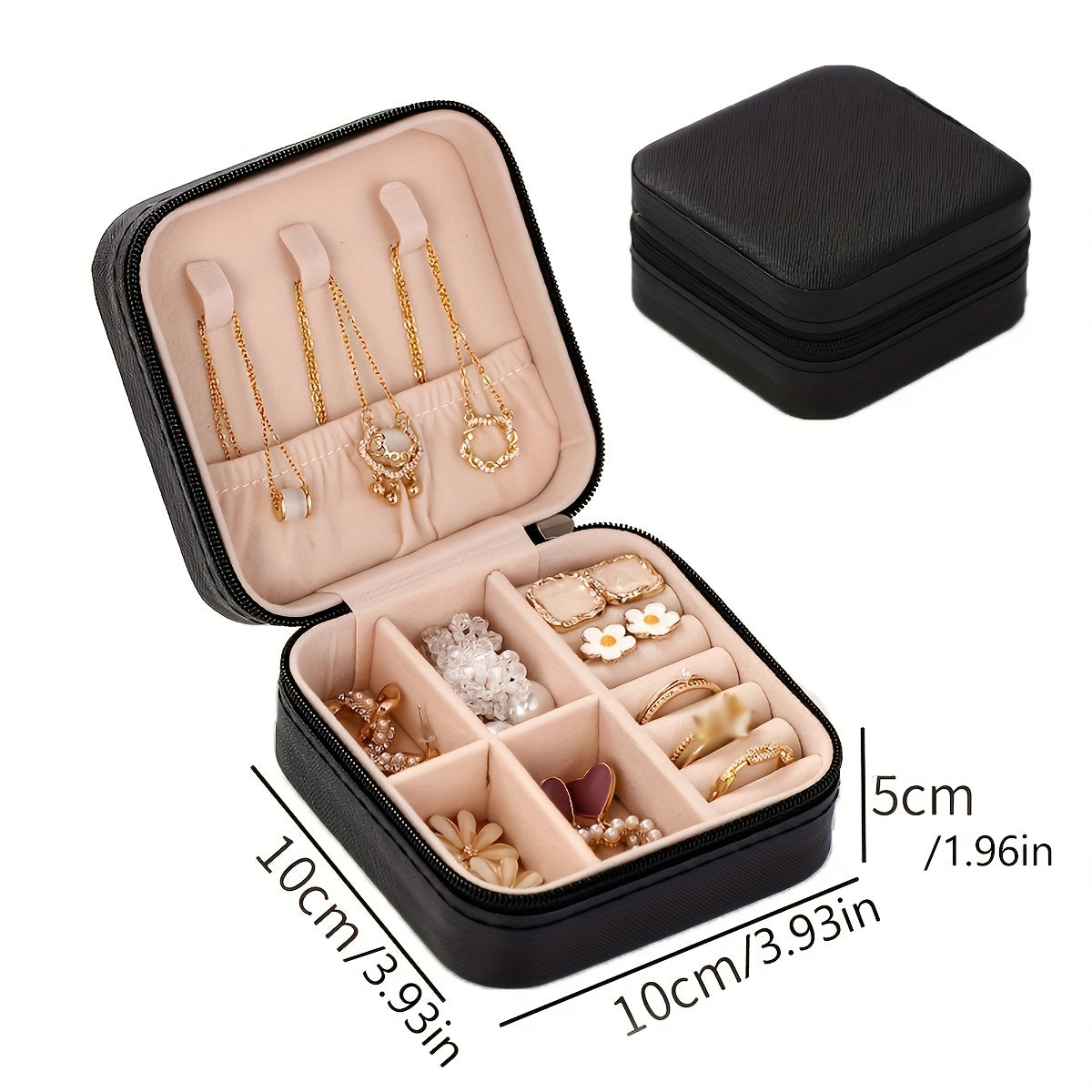 Portable jewelry storage box for traveling, suitable for earrings, necklaces, and rings. Simplistic organizer for jewelry.