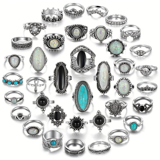 Collection of 39 pieces of stylish bohemian stacked rings for women in retro fashion.