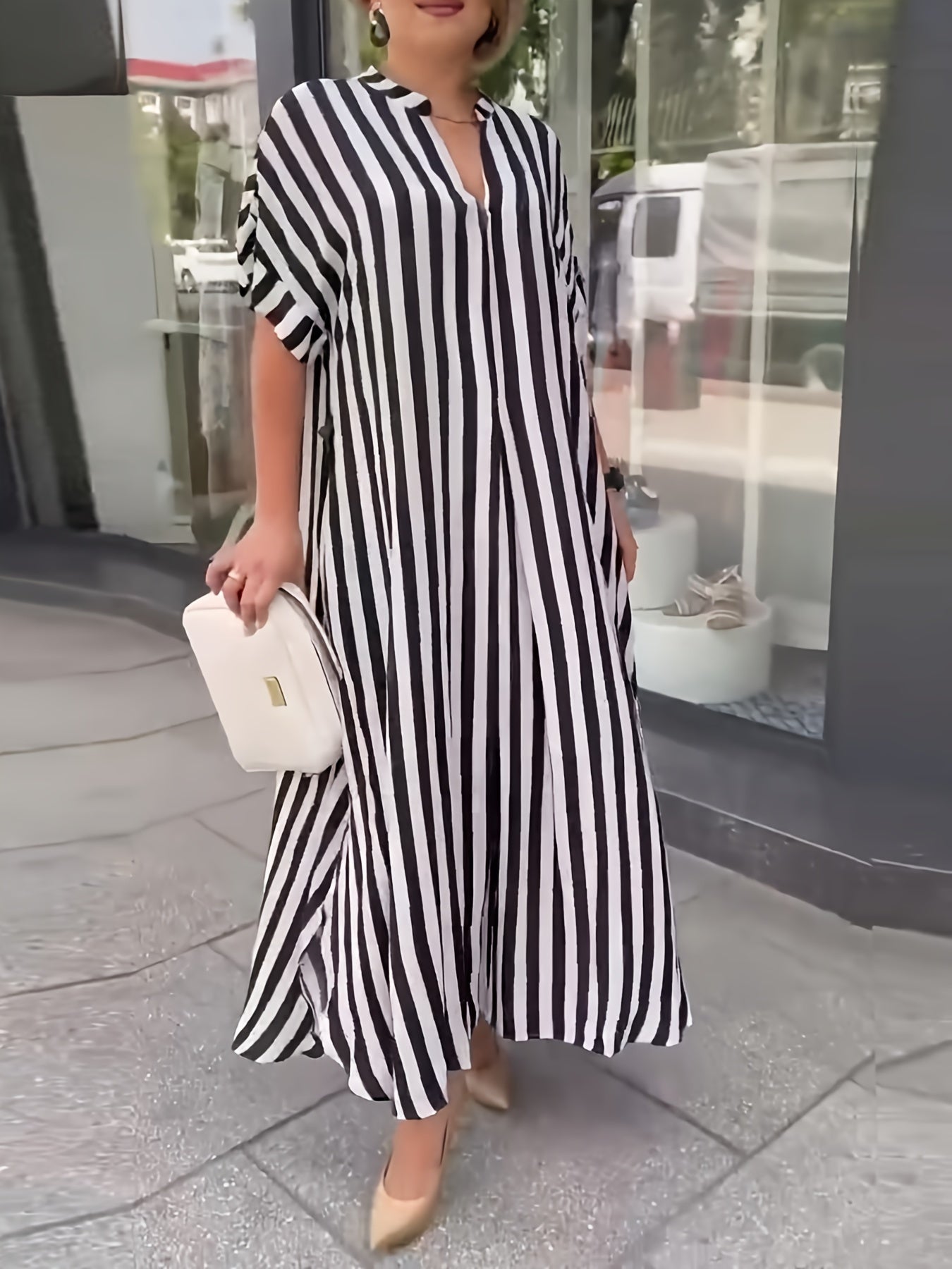 Plus Size Striped Split Longline Dress with Short Sleeves and Notched Neck for Spring & Summer, Women's Plus Size Clothing