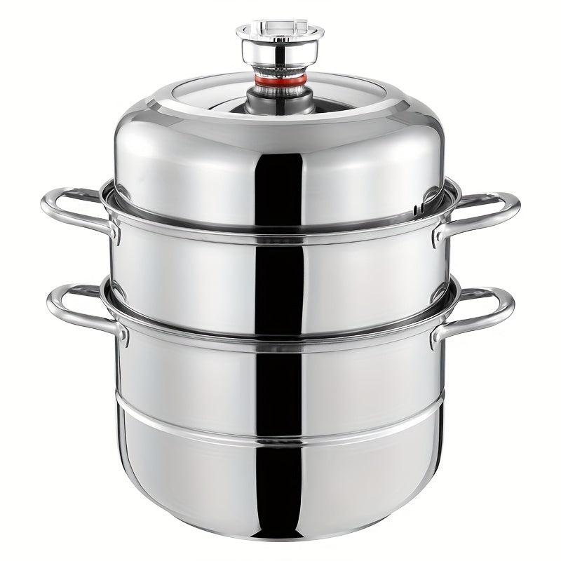 This versatile stainless steel steamer set includes a three-layer design with 1 soup pot, 1 steamer, 2 steamer plates, and 1 pot lid. With a deep capacity and multifunctional capabilities, this cooking pot can steam, boil, stew, and make soup with ease.