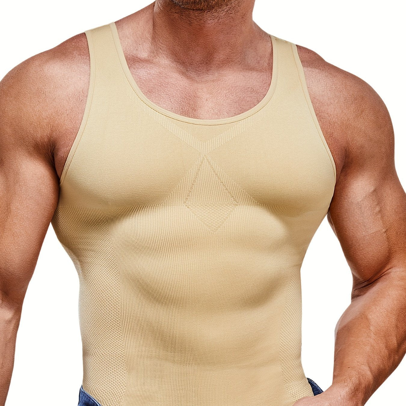 Men's sleeveless compression shirt shapes the body, controls tummy, and strengthens waist during workouts.