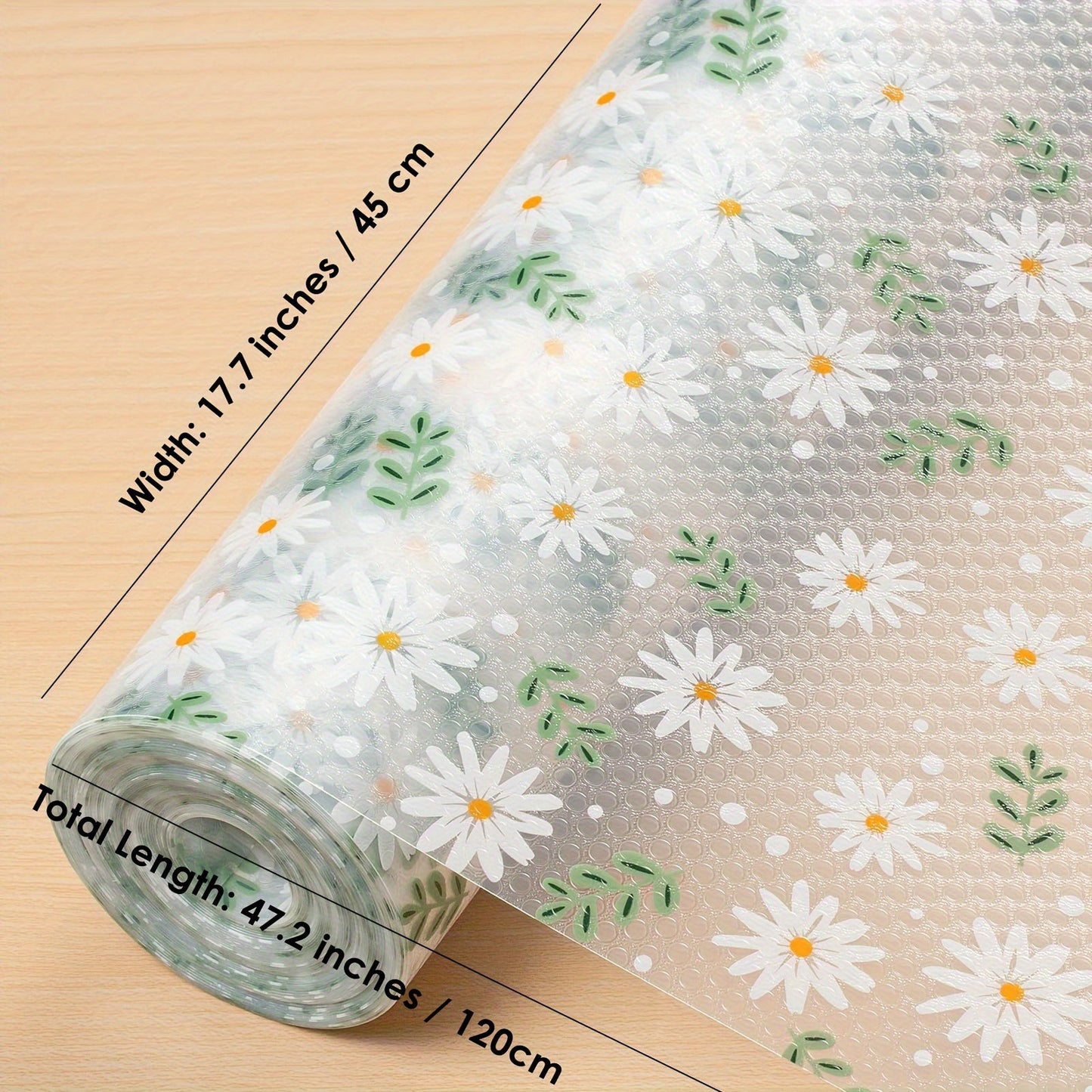 Green Daisy Pattern Shelf Liner - Waterproof Non-Slip Cabinet Liner for Kitchen Organization and Storage