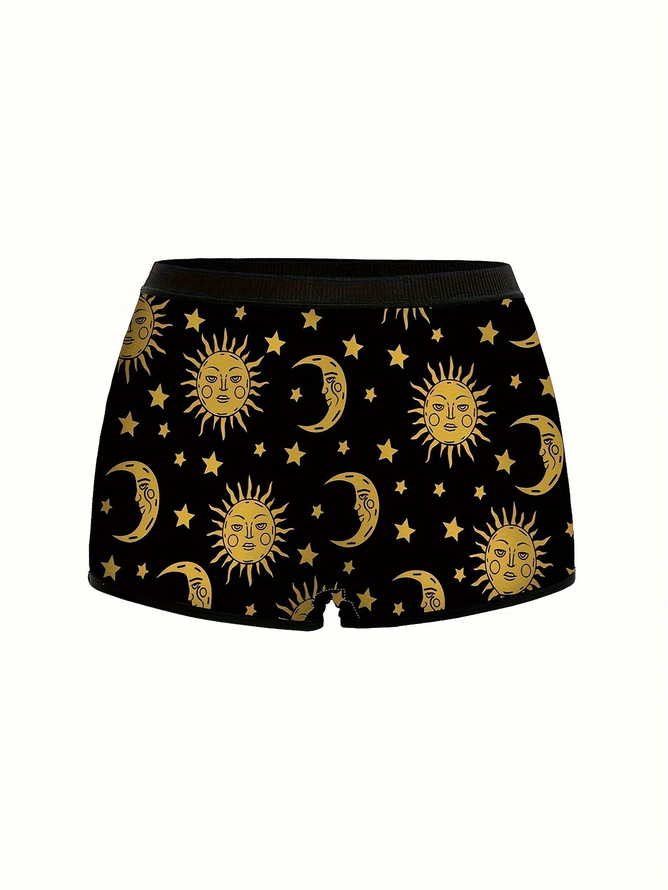 3pcs Boyshort Panties with Sun, Moon & Stars Print - Comfy Polyester Blend, Stretchy Elastane, Machine Washable