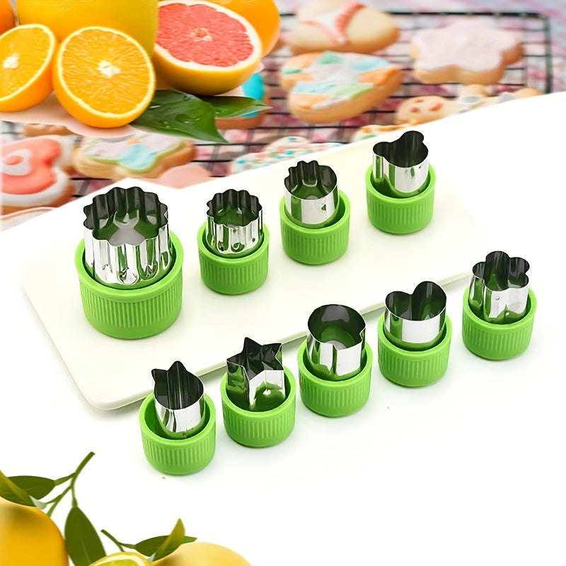 Set of 9 mini vegetable cutter shapes made of stainless steel, perfect for young bakers to use as fruit and cookie stamps. Great for baking, pastry making, and food decorating.