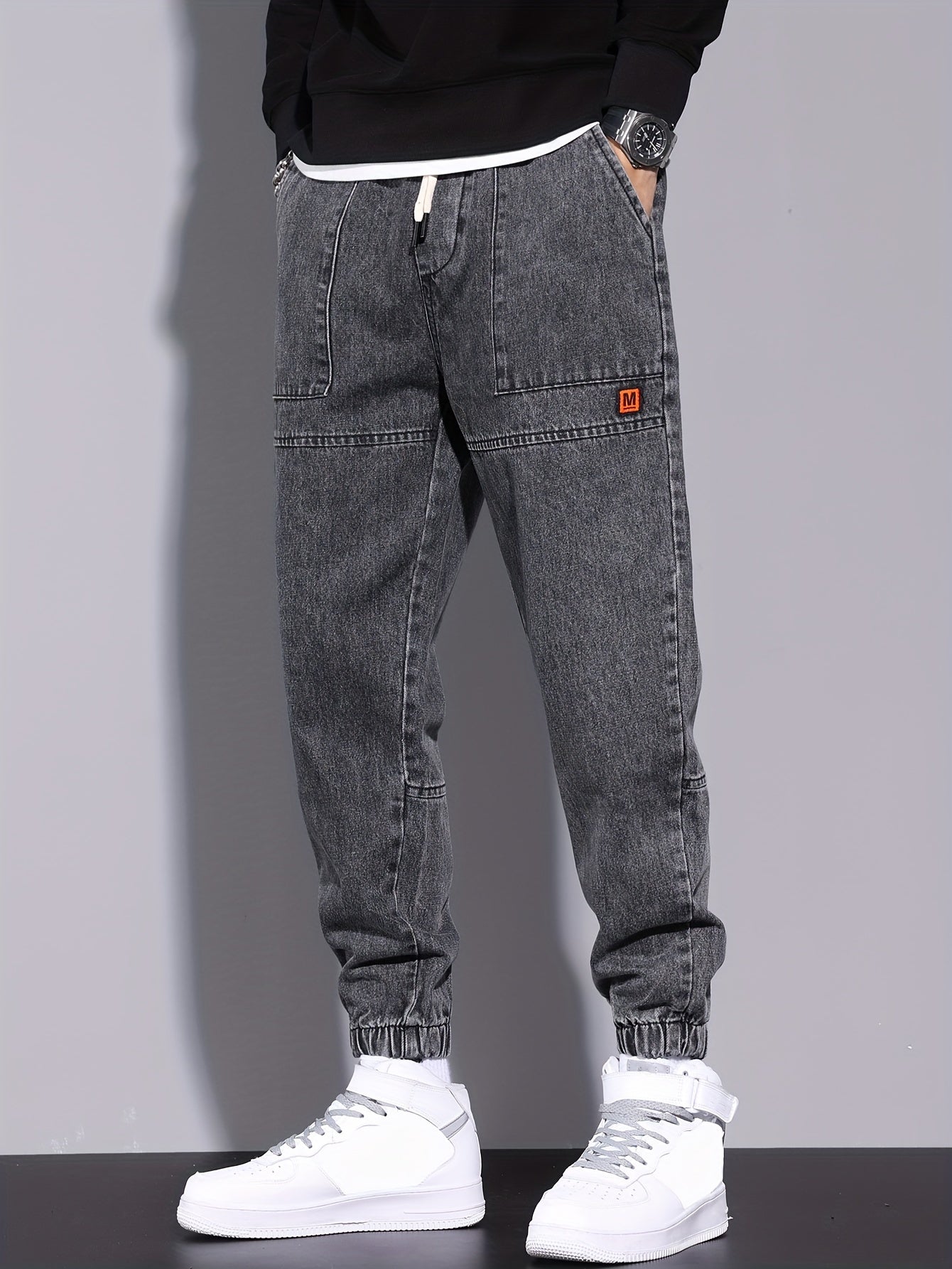 Men's harem jeans with elastic drawstring waist, perfect for all seasons.