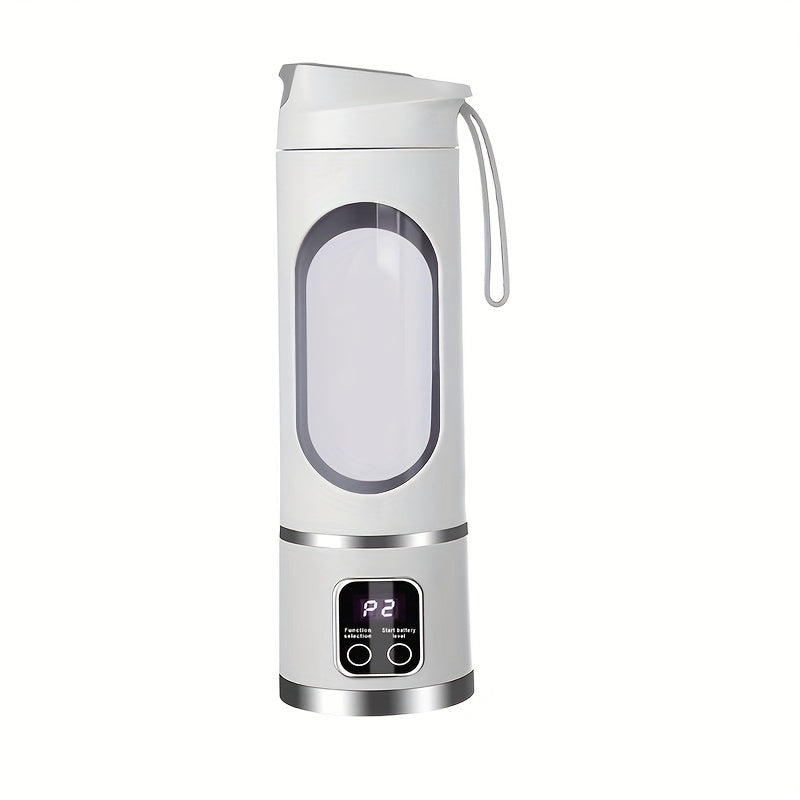 One-piece USB Rechargeable Portable Juicer with Mini Blender and Ice Crusher features three modes, a digital display, 12 blades, and a 450ml capacity. This easy-to-clean appliance is perfect for travel and preparing fresh juice in the kitchen.