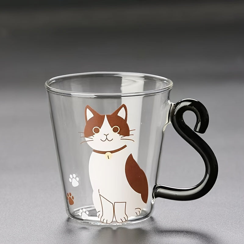 8.8oz Cute Cat Glass Mug made of high borosilicate glass, heat & cold resistant, reusable with animal print design for all beverages - handwash only.