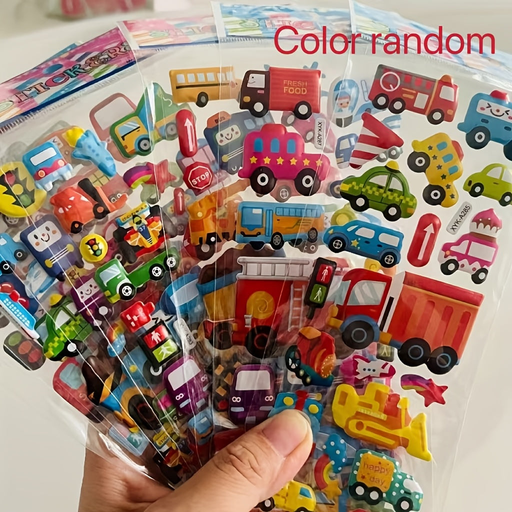 Set of 8 cartoon vehicle stickers featuring 3D Stereoscopic Cars, Fire Trucks, and Excavators. Fun and educational reward stickers in mixed colors, self-adhesive plastic.