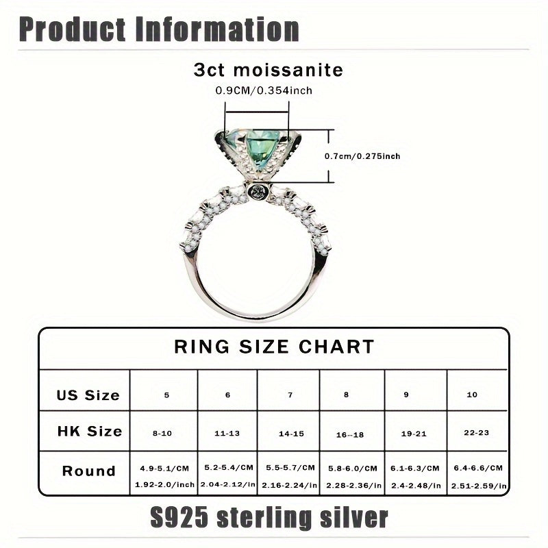 3CT Green Moissanite Engagement Ring - S925 Sterling Silver with Zirconia Accents, Elegant Design, Ideal for Weddings & Gifts, Full Diamond Setting, Weight.