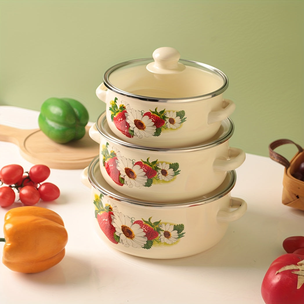 Three-piece multifunctional enamel set including a pot, boiling pot, and soup pot. This versatile set is perfect for use in restaurants, home kitchens, outdoor cooking, and on gas or electric stoves.