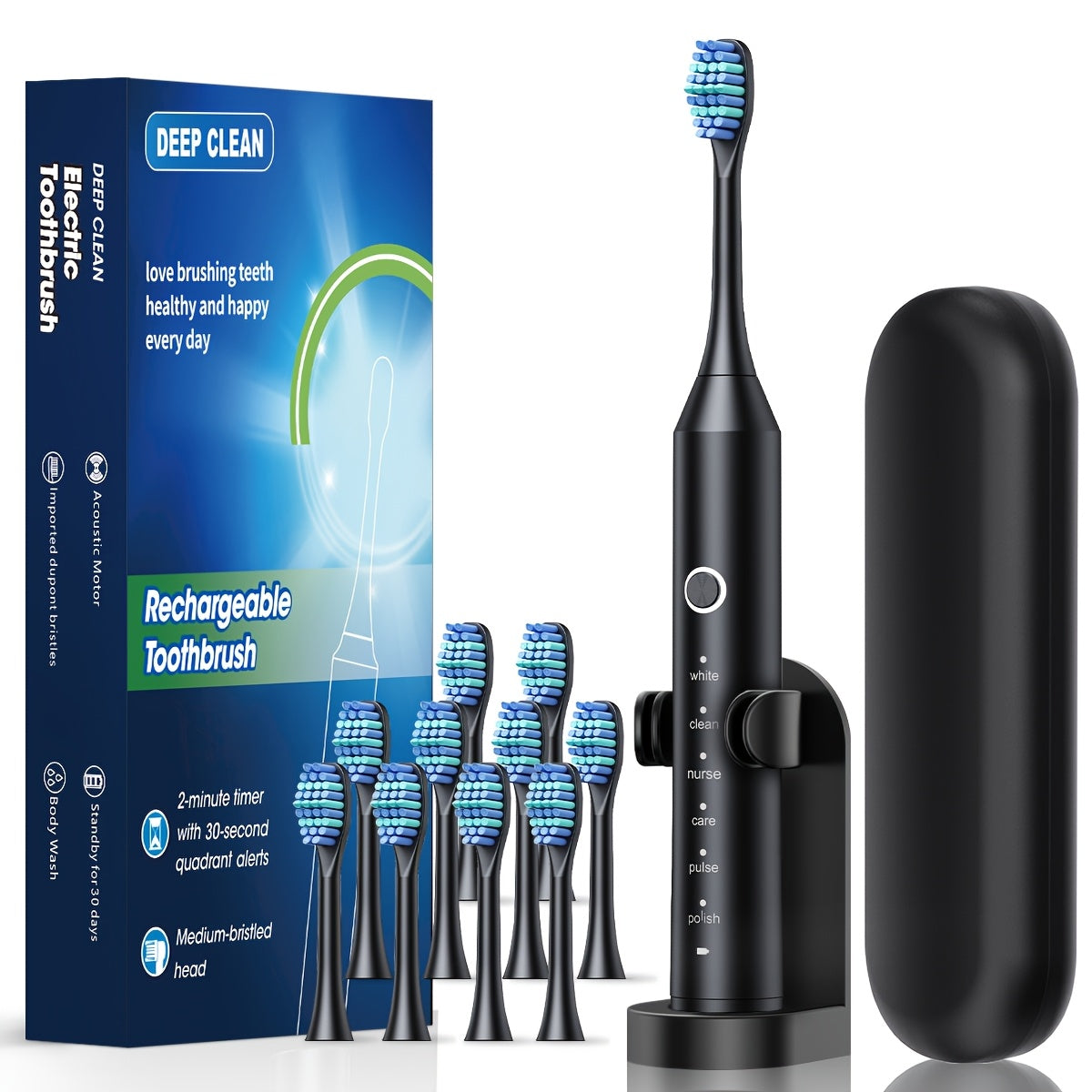 Rechargeable electric toothbrush for adults with 6 modes, USB charging, and soft bristles for deep cleaning dental care.