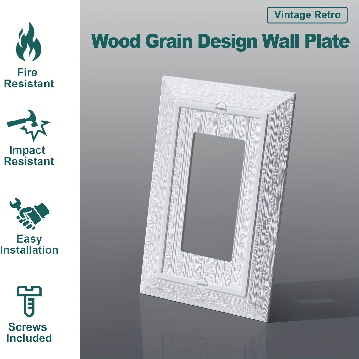 Decorative wall plates with retro wood grain design available in 1, 2, 4, or 10 pieces. Compatible with various switches and outlets.