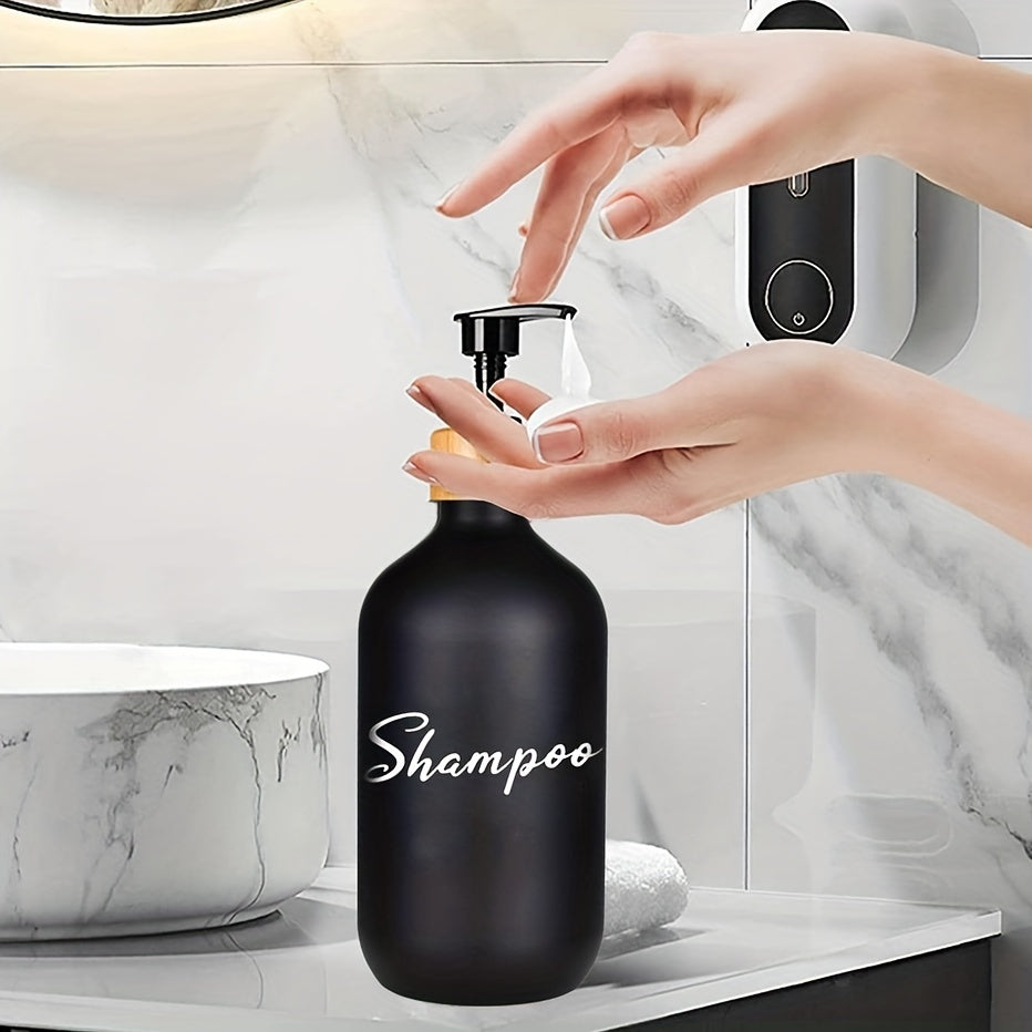 3 black soap dispensers for bathroom shower products, refillable liquid storage containers.