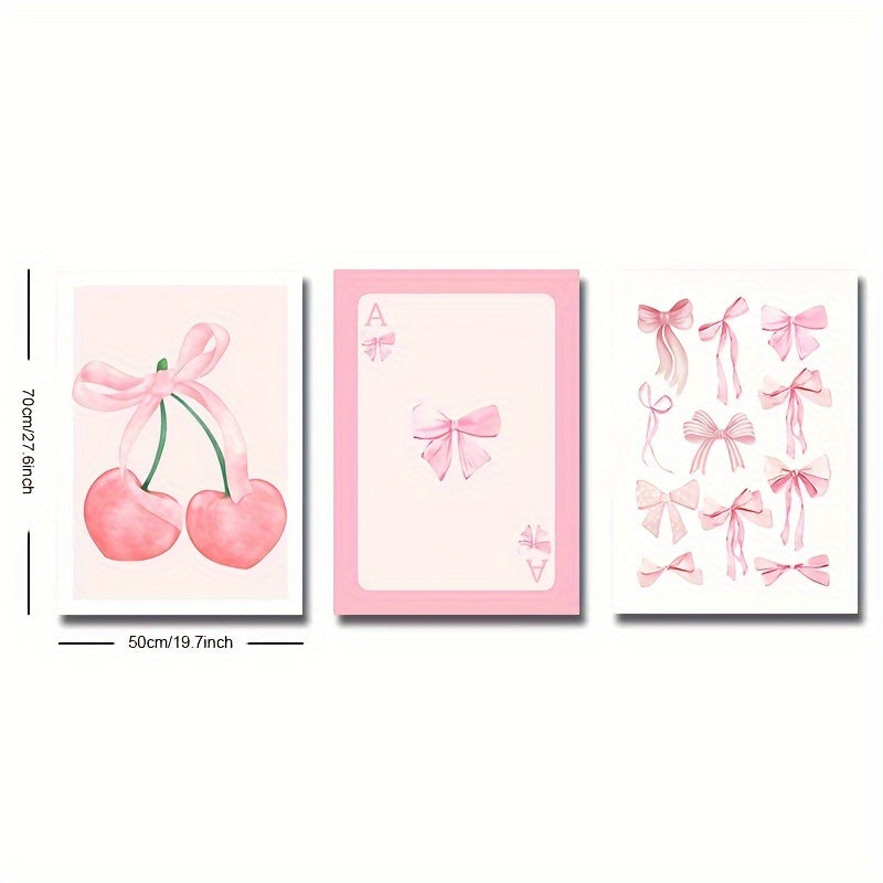 Set of 3 unframed pink cherry bow posters, ideal for home decor in living room, bedroom, girl room, dorm, or college apartment. Great gift idea.